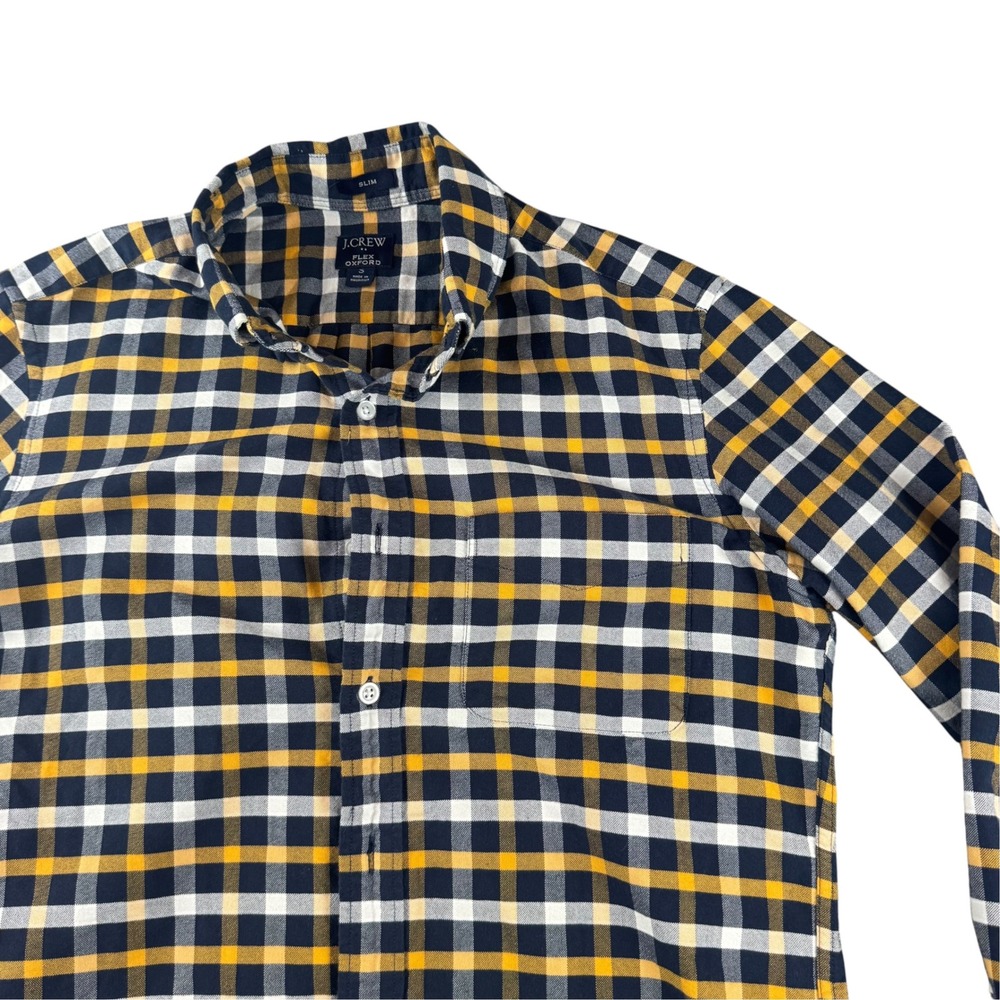 J.Crew Slim Flex Oxford Shirt Mens Small Navy Yellow Gingham Check Button Down